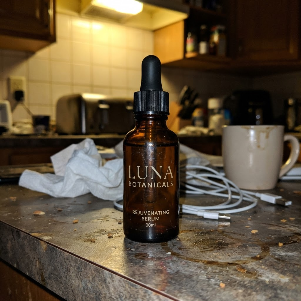 Foto asli dari HP: botol serum yang sama di atas meja dapur yang berantakan