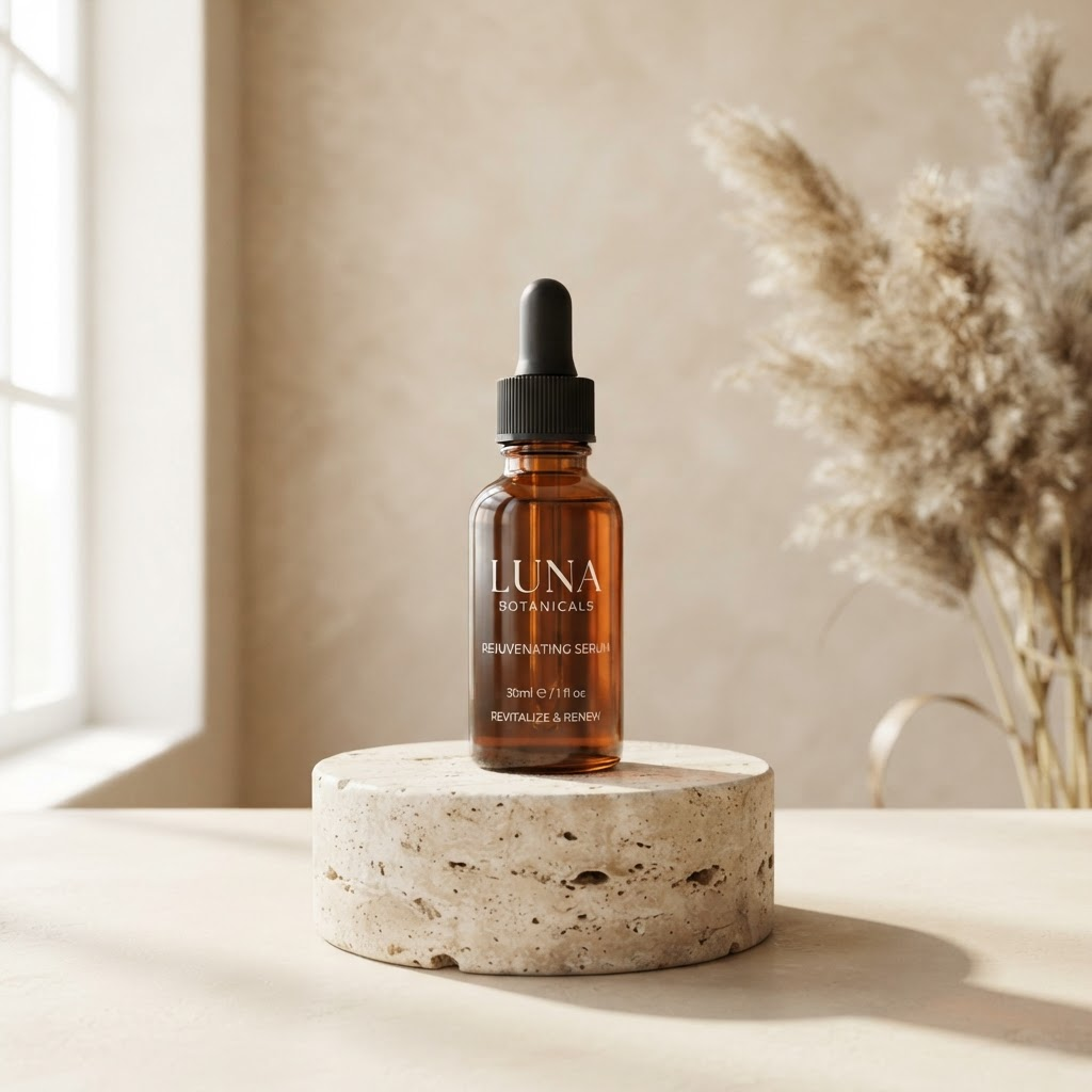 Hasil studio: botol serum di atas plinth travertine dengan cahaya jendela yang lembut